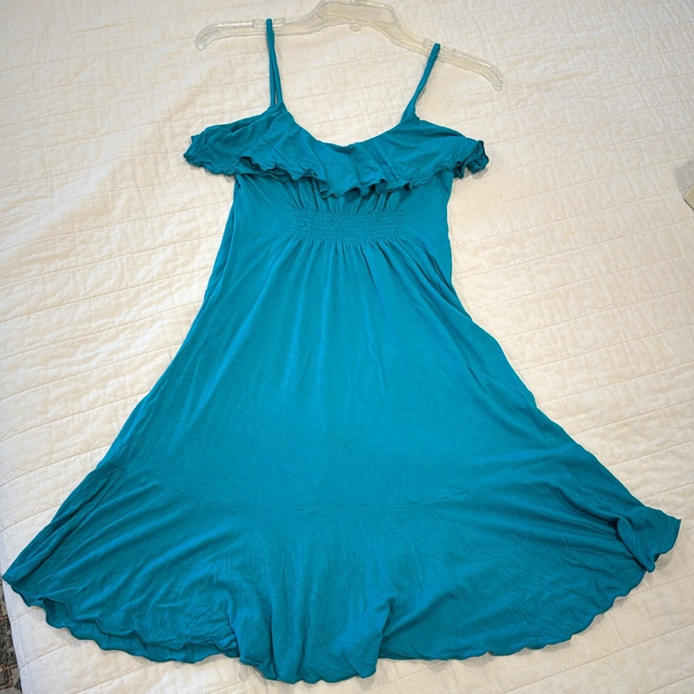 Mango Jersey Braided Straps Green Blue Ruffle Sun Dress